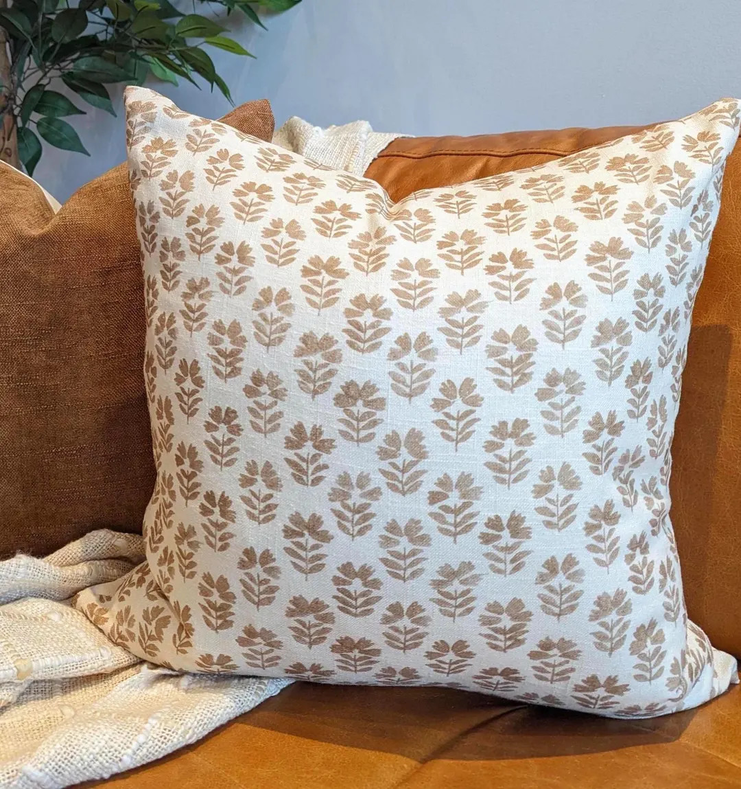 Ivory and Hazelnut Brown Floral Cushion - Country Home Decor | Etsy (US)