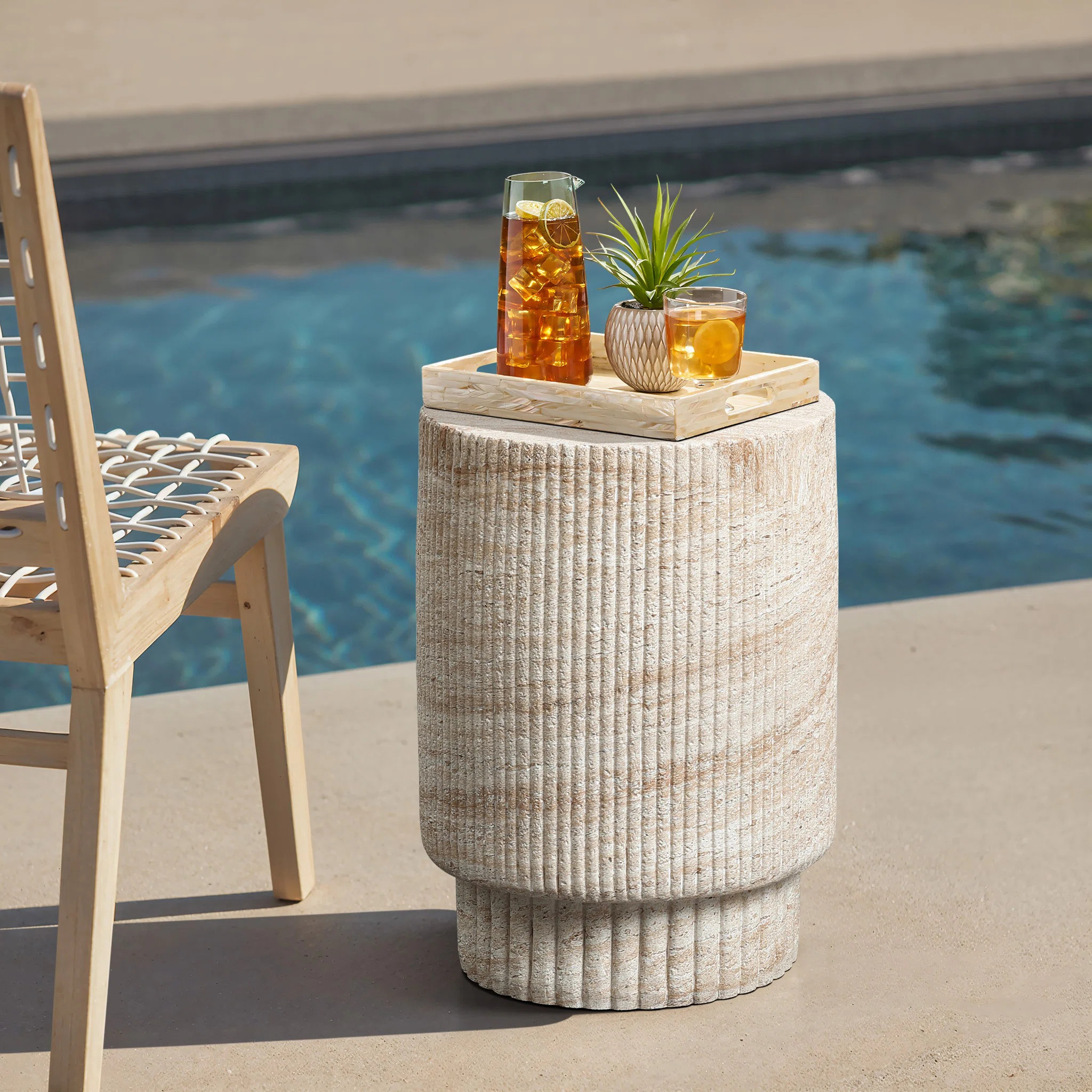 Faux Travertine MgO Patio Side Table, Sculptural Outdoor Accent Table | Wayfair North America
