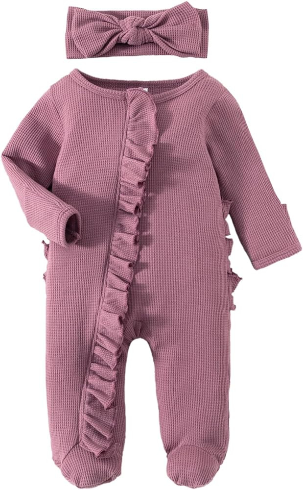 YINGISFITM Newborn Coming Home Outfit Girl Boy Zip Up Ruffle Footie Romper Jumpsuit Waffle Knit O... | Amazon (US)