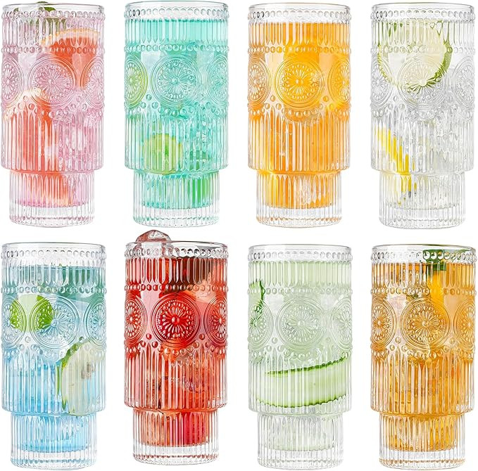 Embossed Designed Glasses, 8pcs Highball Glasses, 16oz Vintage Ribbed Striped Glassware for Cockt... | Amazon (US)