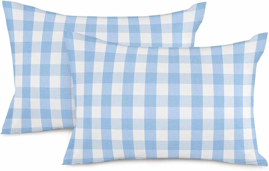 RainbowDay Pack of 2 Reversible Cotton Throw Pillow Covers， Blue White Grey Buffalo Plaid Strip... | Amazon (US)