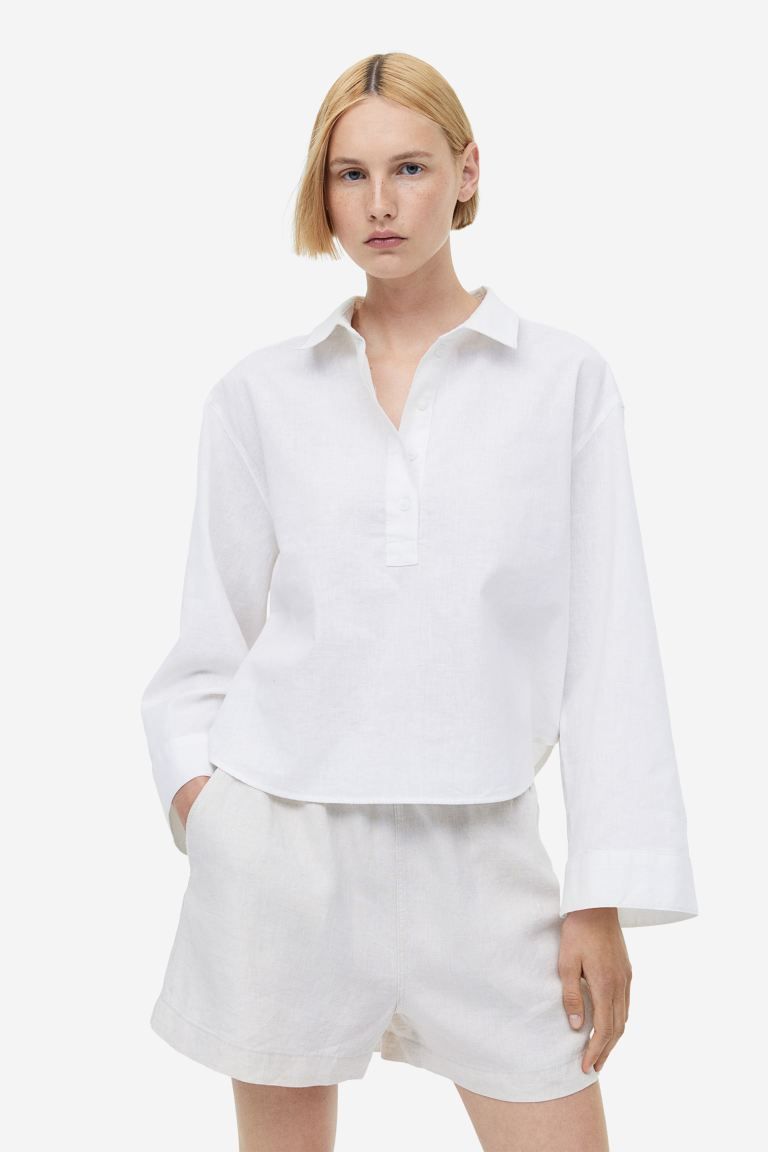 Linen-blend pop-over shirt - White - Ladies | H&M GB | H&M (UK, MY, IN, SG, PH, TW, HK)