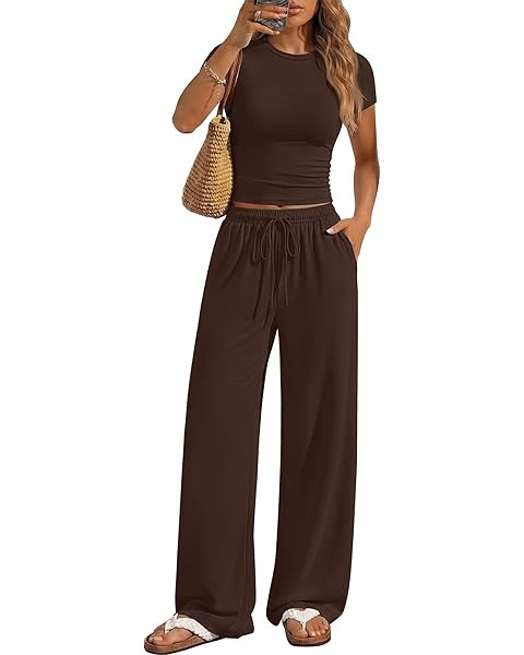Trendy Queen 2 Piece Matching Summer Lounge Set Womens Side Ruching Top Wide Leg Pants Sets with ... | Amazon (US)