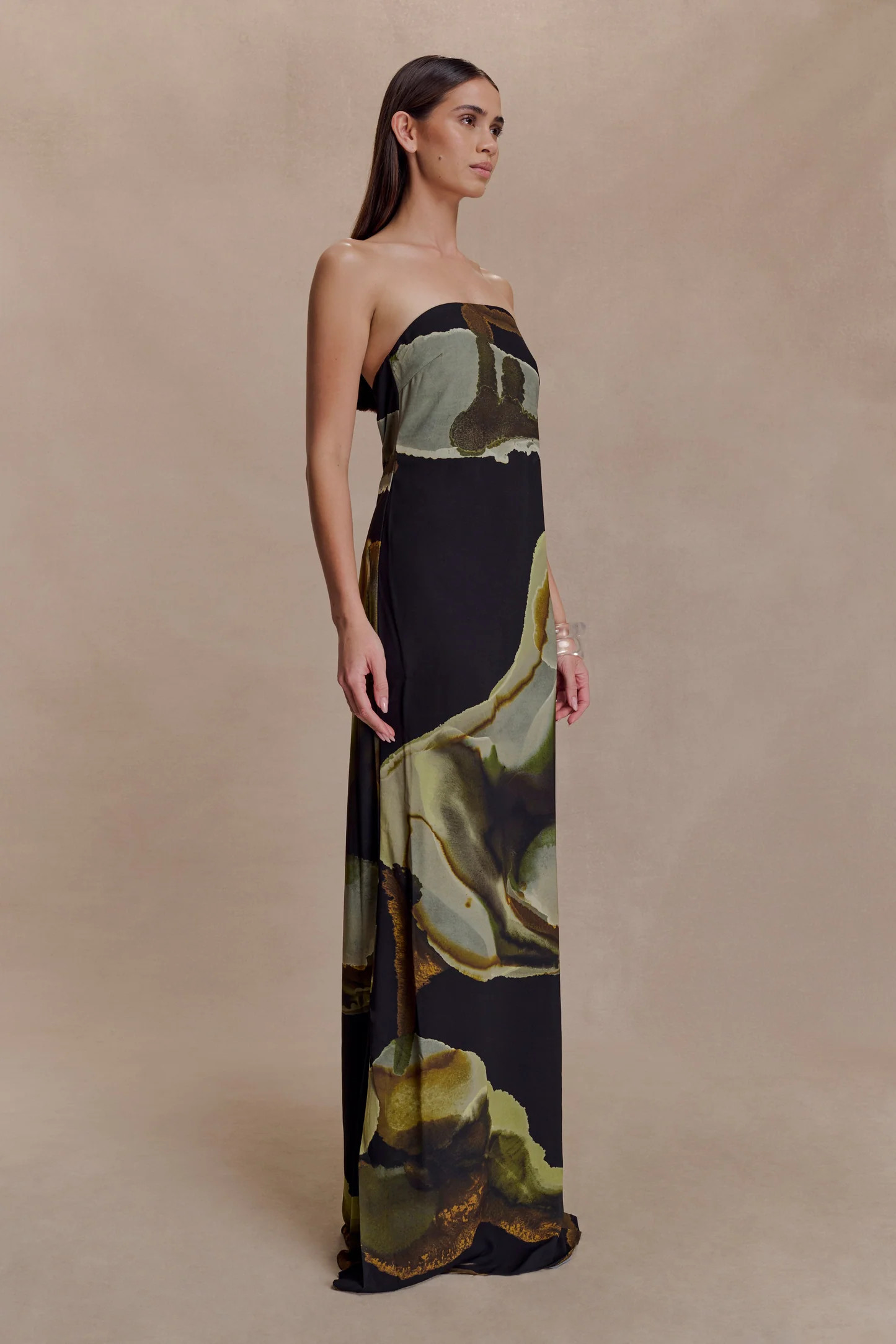 Strapless Chiffon Maxi Dress - Green Fluid Reverie Print | MESHKI US