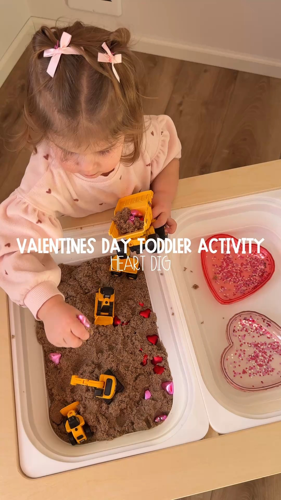 Valentine’s Day sensory bin for toddlers ❤️ This easy toddler activity uses kinetic sand, construction vehicles, and a simple color-matching hearts activity to support fine motor skills and independent play. Perfect Valentine’s sensory play idea for toddlers and  kids!

#LTKmomlife #LTKValentine #LTKKids