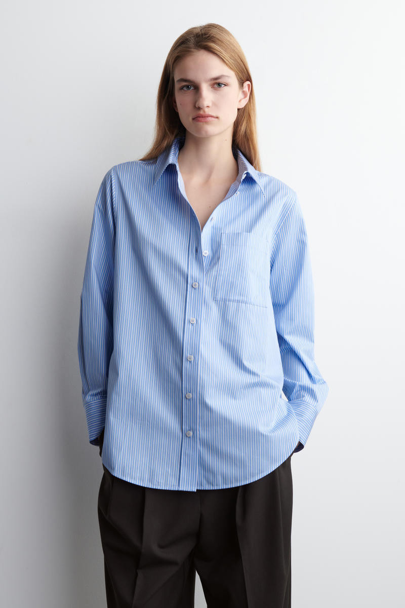 COS Women's Tailored Pima Shirt in Blue/Striped | Cotton | Size: 14 | COS (AU)