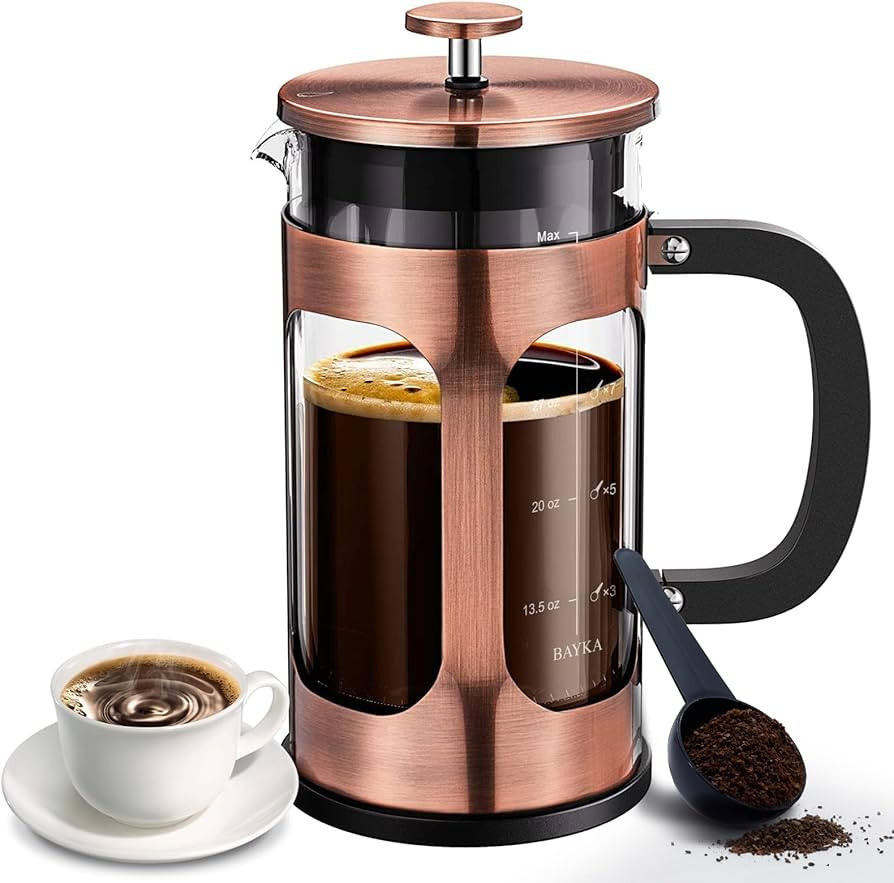 BAYKA 34 Ounce 1 Liter French Press Coffee Maker, Glass Classic Copper Stainless Steel Coffee Pre... | Amazon (US)