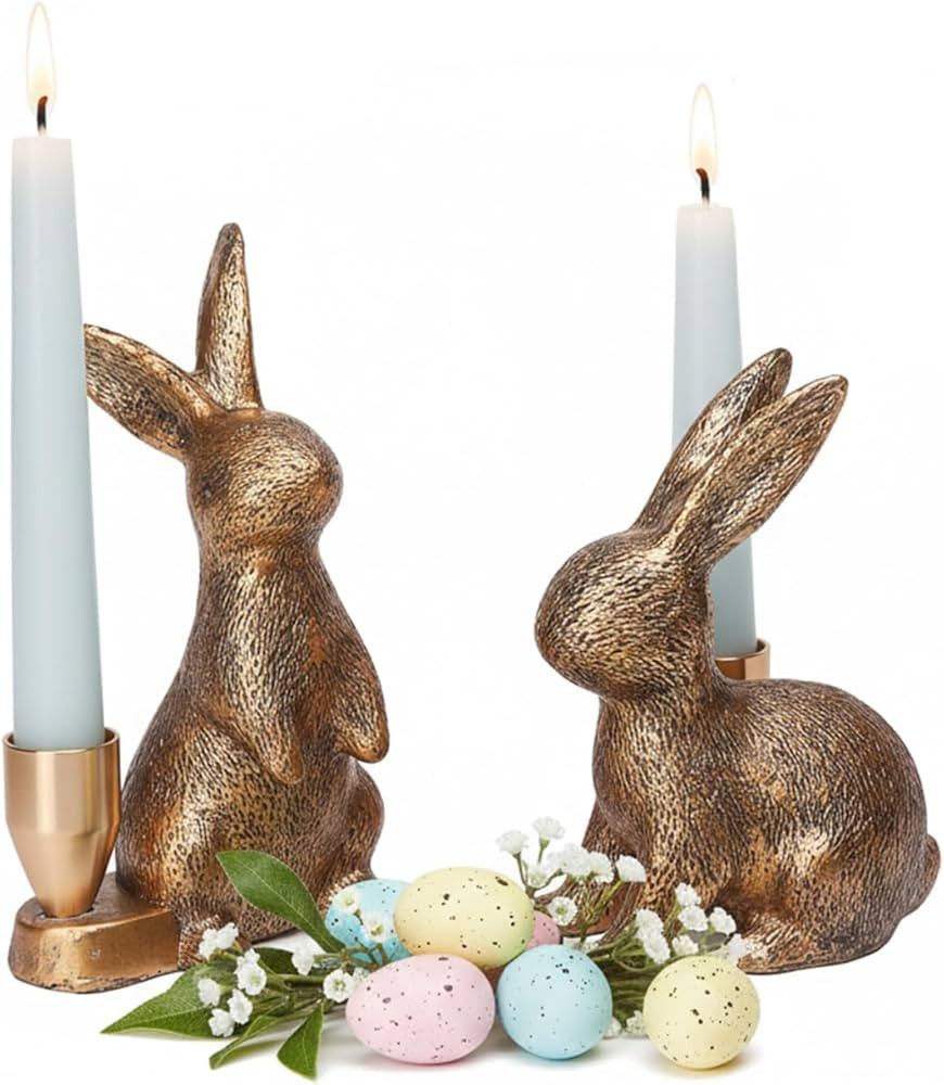 Gold Rabbit Candle Holders - Bunny Set of 2 Vintage Rustic Pedestal Candlesticks, Easter Decorati... | Amazon (US)