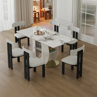 63" Modern 4-6 Person Dining Table Set with Storage, Stone Tabletop & Solid Wood Base, Includes 6 Velvet Chairs for Kitchen or Dining Room | Wayfair North America