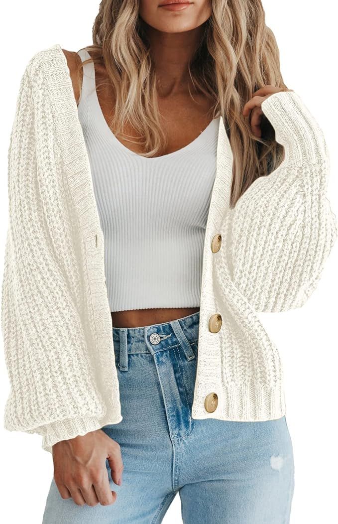 PRETTYGARDEN Women's Chunky Knit Open Front Sweater Long Sleeve Button Loose Short Cardigan Outer... | Amazon (US)