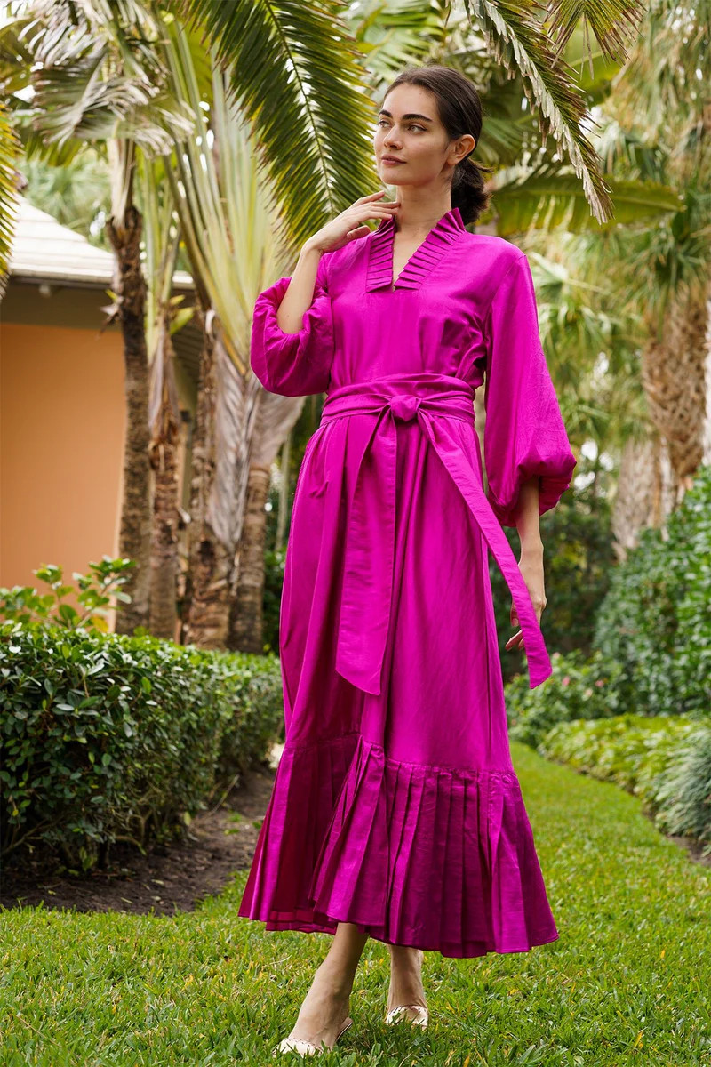 Pleated SUE SARTOR Flounce Maxi | Fuchsia Silk Taffeta | SUE SARTOR