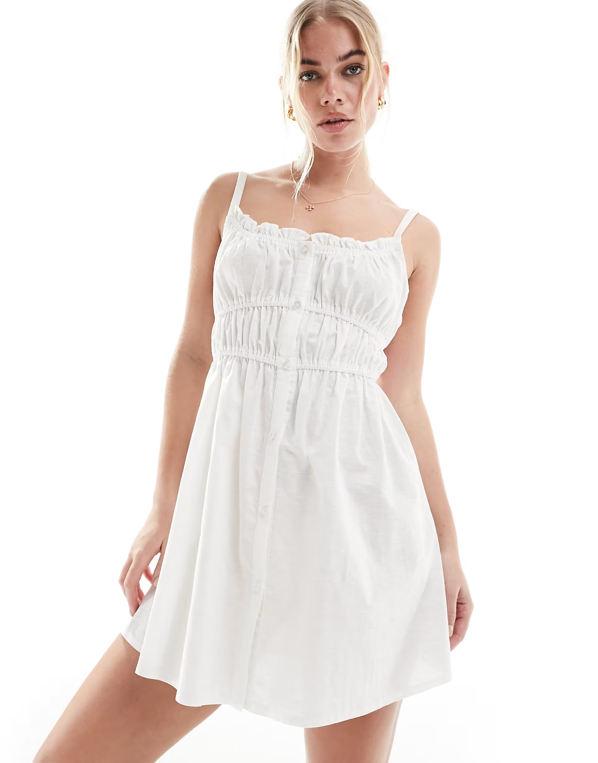 SNDYS linen ruched strappy mini dress in white | ASOS (Global)