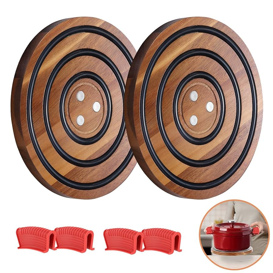 2 Pcs Magnetic Wooden Trivets, Acacia Wood with Black Silicone Rings, Magnetic Pot Holder for Le ... | Amazon (US)
