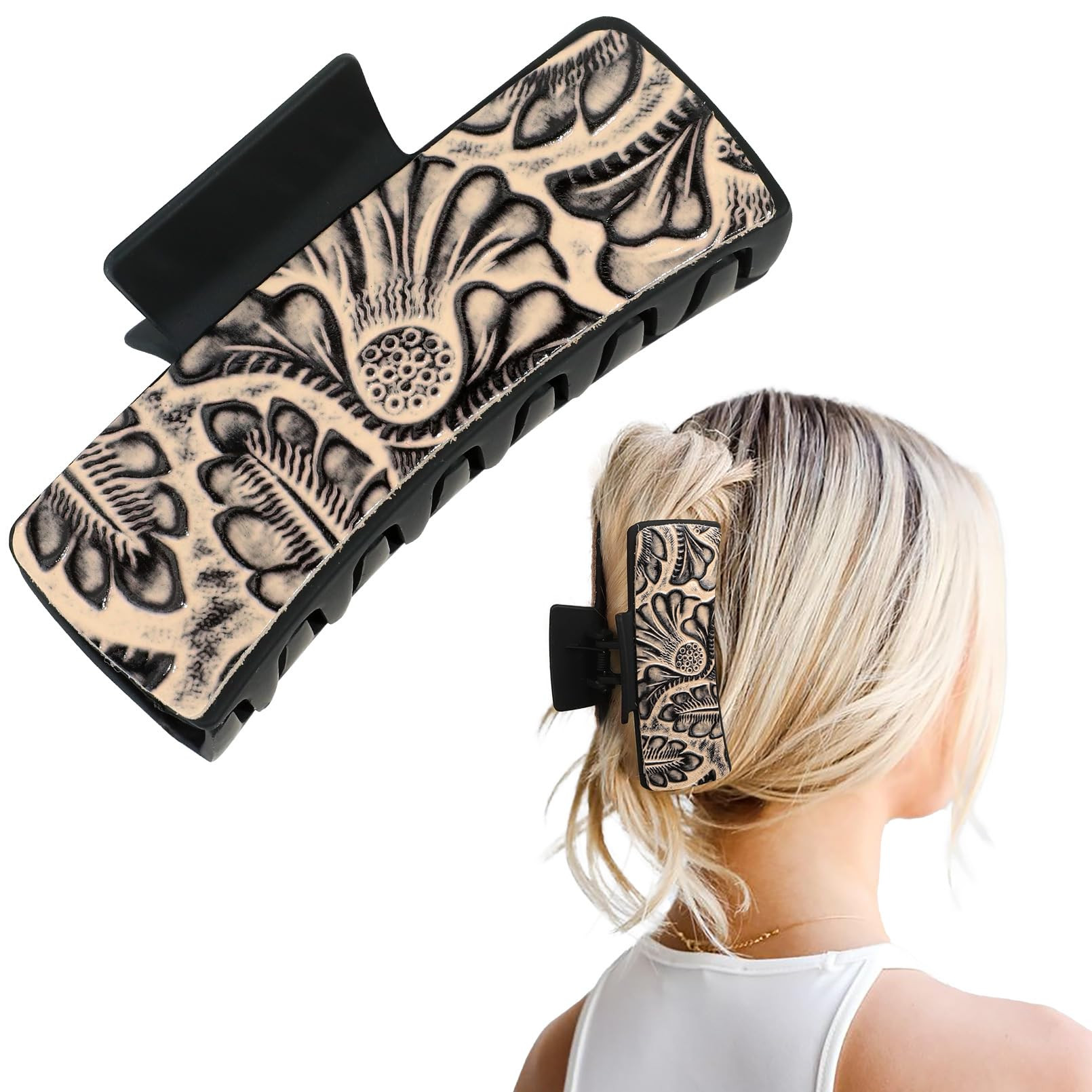 DEEKA Western Hair Clip for Women, Large Genuine Leather Brown and Turquoise Embossed Tooled 4" H... | Amazon (US)