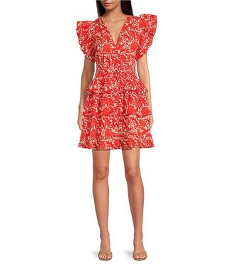 Ro's Garden Hunan Woven Floral Print V-Neck Flutter Sleeve Tie Waist Dress | Dillard's | Dillard's