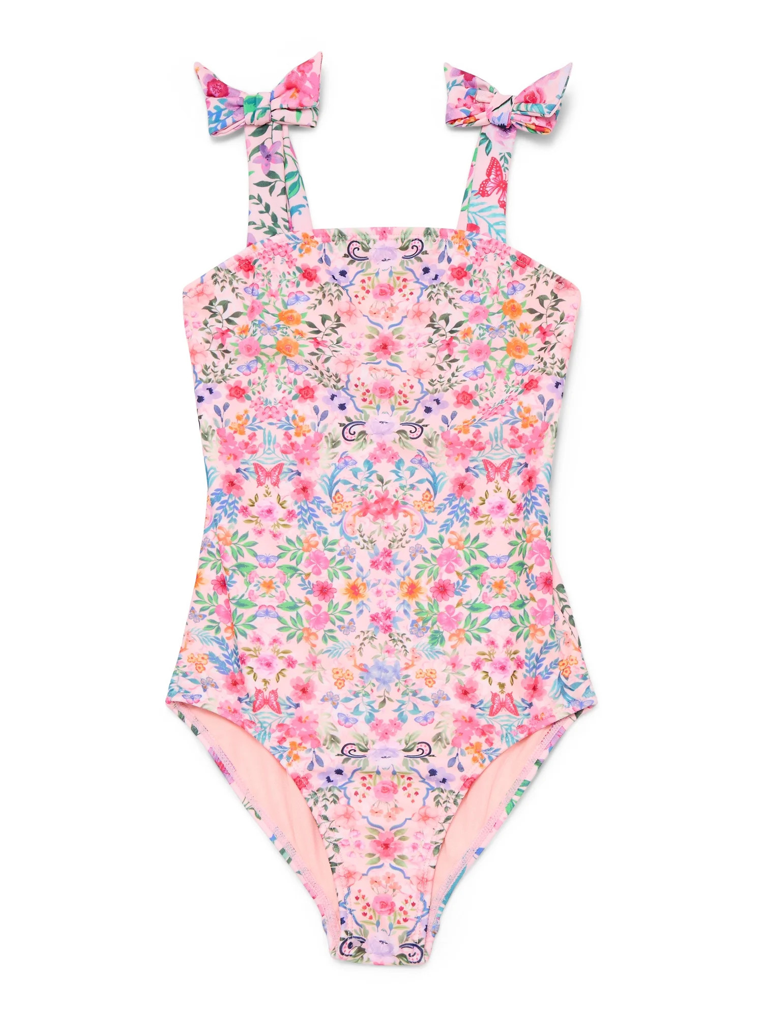Wonder Nation Girls Floral One Piece Swimsuit with Bows and UPF 50, Sizes 4-18 & Plus | Walmart (US)