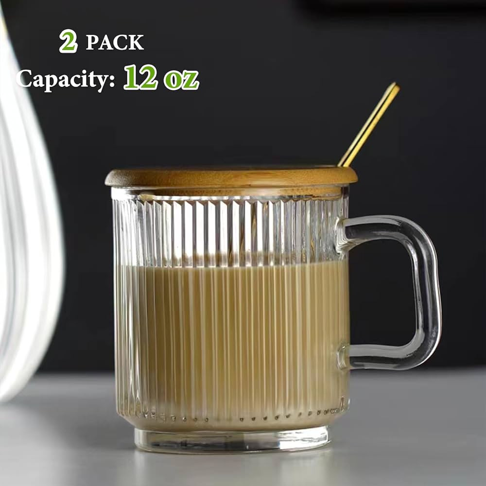 Mfacoy 2 PACK Glass Coffee Mugs with Handle & Spoon, 12 OZ Glass Coffee Cups with Bamboo Lid, Rib... | Amazon (US)