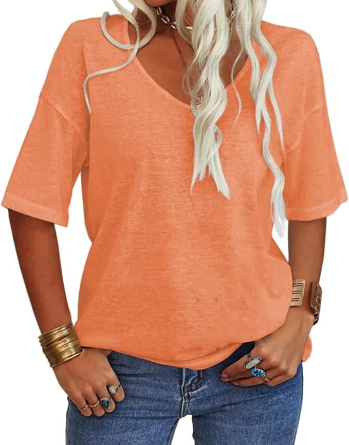 Danedvi Women Fashion V-neck Half Sleeves Oversized T Shirt Solid Casual Loose Basic Tops | Amazon (US)