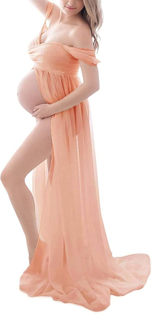 Maternity Robe for Photoshoot Off Shoulder Chiffon Gown Split Front Maxi Pregnancy Dresses for Ph... | Amazon (US)