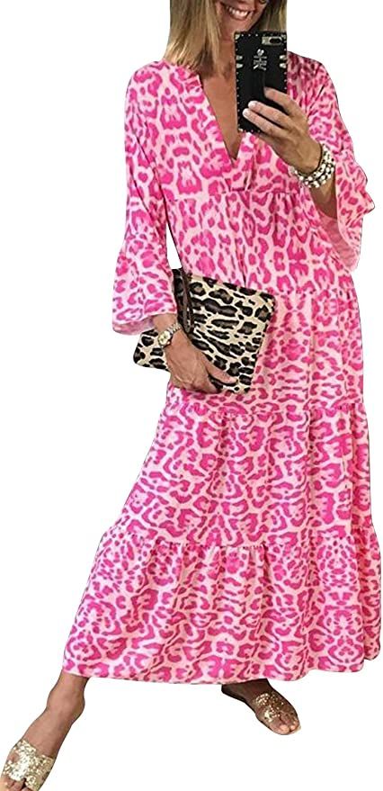 19Kenna Women's Boho Leopard Print Ruffle Long Sleeve V Neck Casual Flowy Party Maxi Dress | Amazon (US)