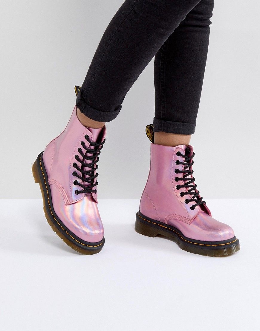 Dr Martens Leather Holographic Pink Lace Up Boots - Pink metallic | ASOS UK