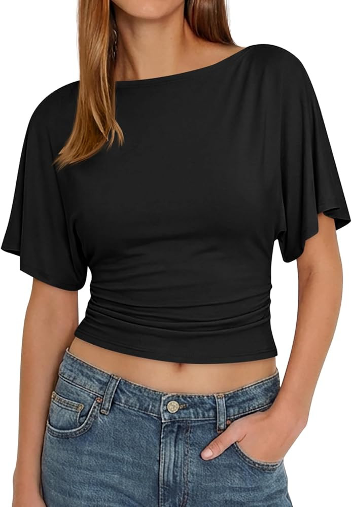 Cicy Bell Womens Summer Wrap Tops Casual Short Sleeve Tie Back Cinched Waist T Shirts Trendy Boat... | Amazon (US)