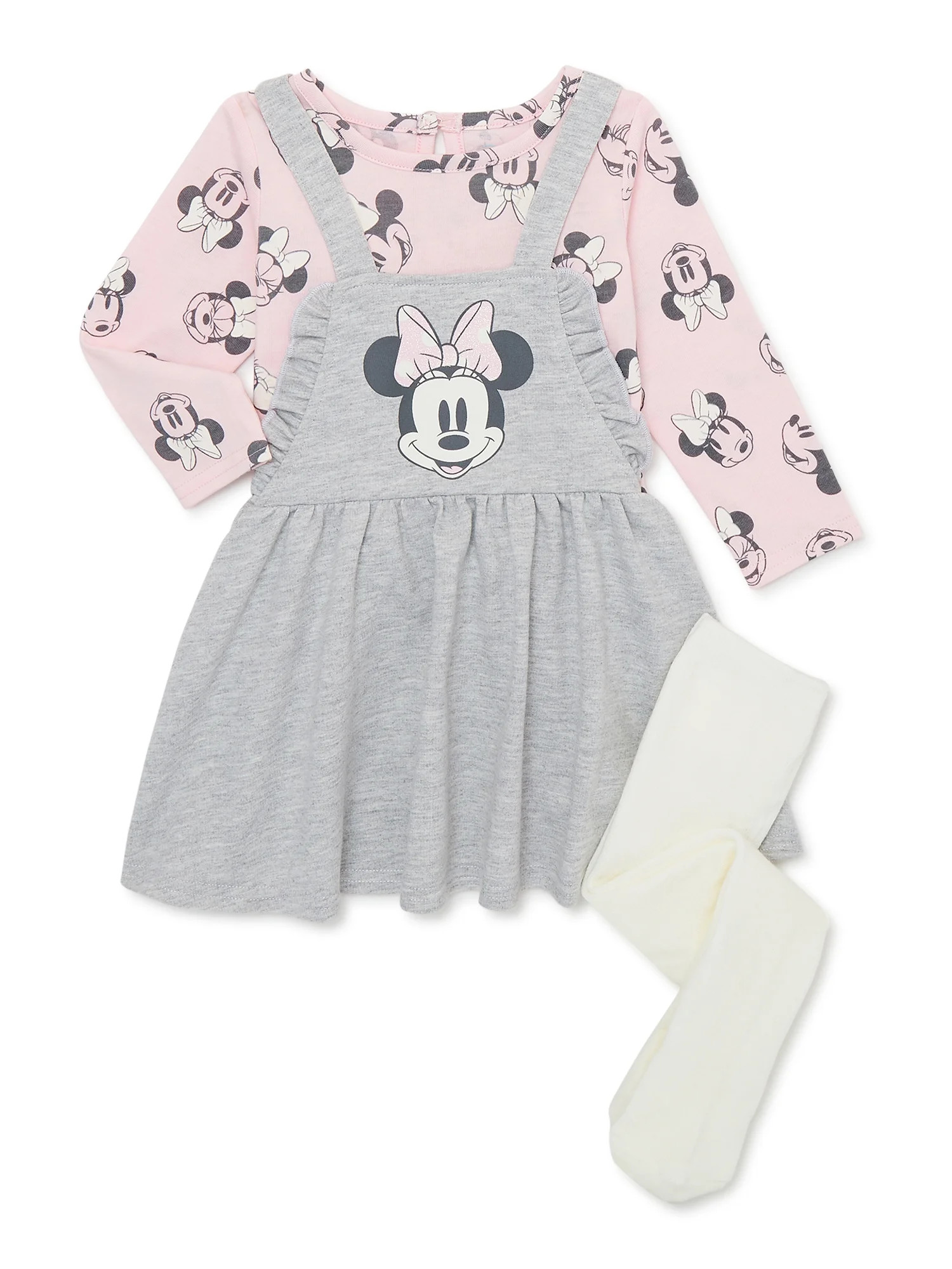 Disney Minnie Mouse Baby Girls Pinafore Dress, Top with Long Sleeves and Tights Set, 3-Piece, Siz... | Walmart (US)