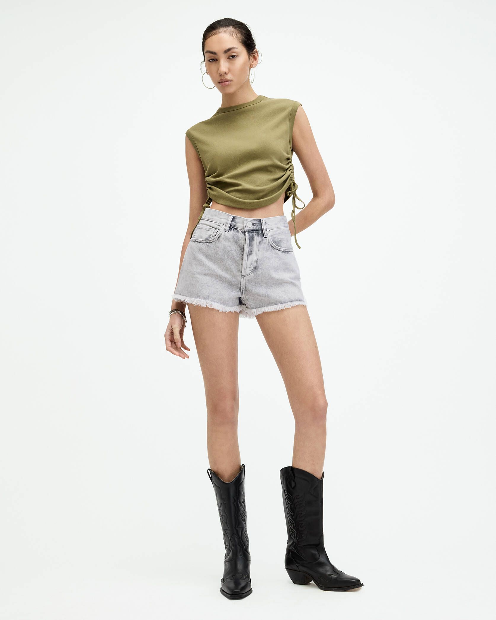 Heidi High Rise Distressed Denim Shorts SNOW GREY | ALLSAINTS | AllSaints UK