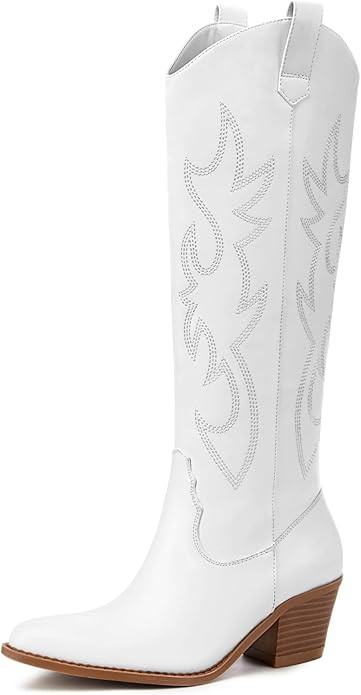 Athlefit Women's Western Embroidered Cowboy Boots Pointed Toe Chunky Heel Pull On Knee High Boots | Amazon (US)