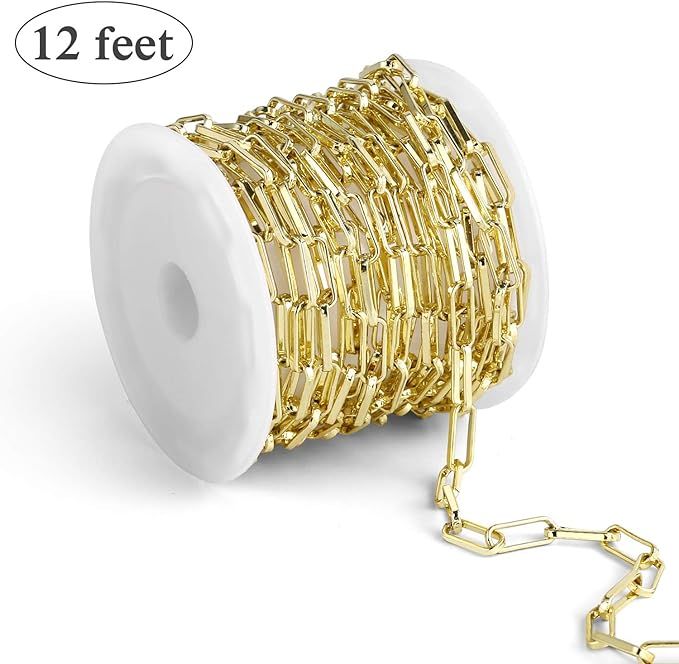 12 Feet Gold Chain for Jewelry Making 14K Gold Plated Paperclip Chain Oval Link Chain Bulk for DI... | Amazon (US)
