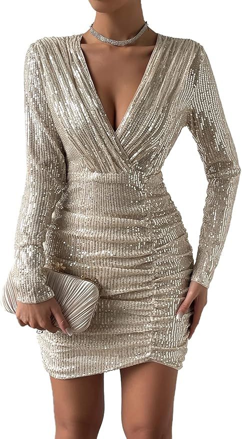 Amazon.com: Feditch Women's Sexy Sparkly Sequin Deep V Neck Ruched Long Sleeve Mini Club Night Dr... | Amazon (US)