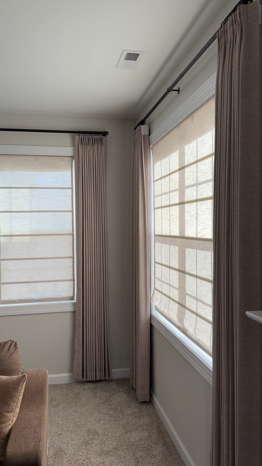 Linen curtains. Linen Roman shades. Neutral curtains. Neutral Home. Custom curtains  

Curtains:
Lille linen in burlywood birch, pinch pleat, unlined, memory trained

Roman Shades: 
Jenna Linen Roman Shade
Ivory beige, inside install, cordless, unlined 

#LTKHome