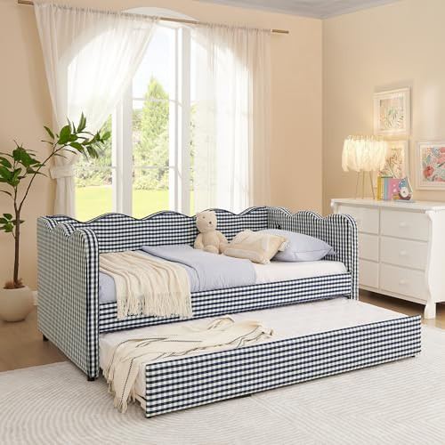 Twin Size Upholstered Daybed with Trundle, Gingham Daybed with USB Ports for Bedroom Living Room ... | Amazon (US)