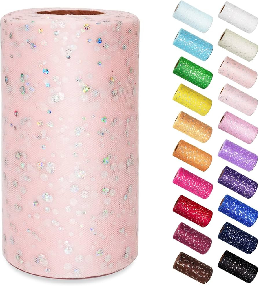 Glitter Tulle Rolls 6 Inch by 50 Yards Sparkling Tulle Fabric Sequin Ribbon Spool with Bow for DI... | Amazon (US)