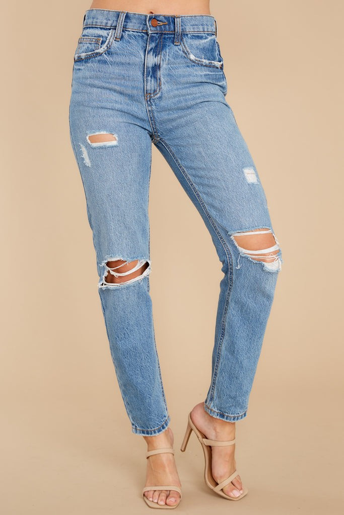 News To Me Medium Wash Distressed Straight Jeans | Red Dress 