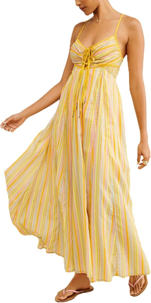 Women Y2k Boho Maxi Dress Tie Front V Neck Cami Flowy Dress Summer Causal Floral Beach Vacation S... | Amazon (US)