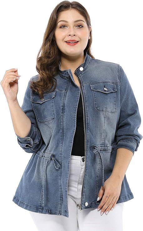 Agnes Orinda Women's Plus Size Stand Collar Zip Closure Drawstring Denim Jacket | Amazon (US)