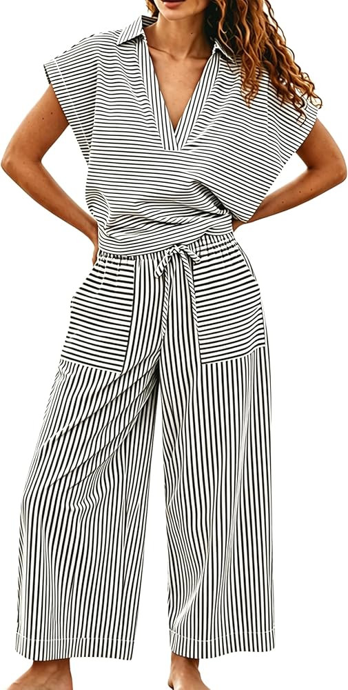 Wanzetaly Women's Summer Striped 2 Piece Outfits Short Sleeve Wide Leg Pants Matching Set with Po... | Amazon (US)