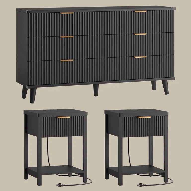 Laintene 3-Piece Boho Bedroom Set - 6-Drawer Dresser & 2 Nightstands with Drawer & USB Charging, ... | Walmart (US)