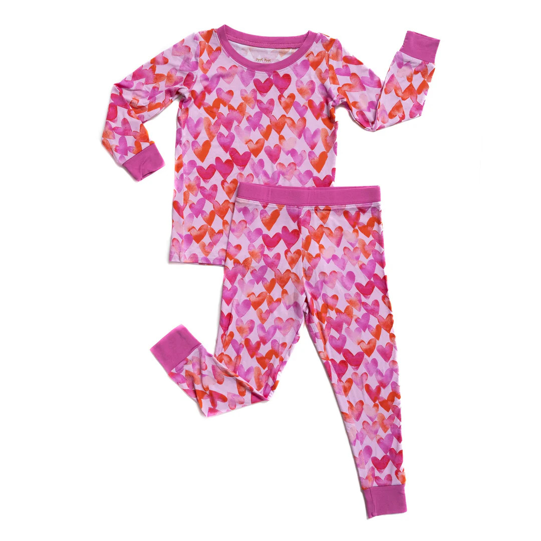 Pink Watercolor Hearts Two-Piece Bamboo Viscose Pajama Set | Little Sleepies
