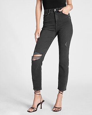 Super High Waisted Black Ripped Slim Jeans | Express