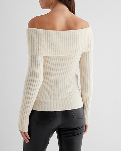Ribbed Fitted Off The Shoulder Overlay Sweater | Express