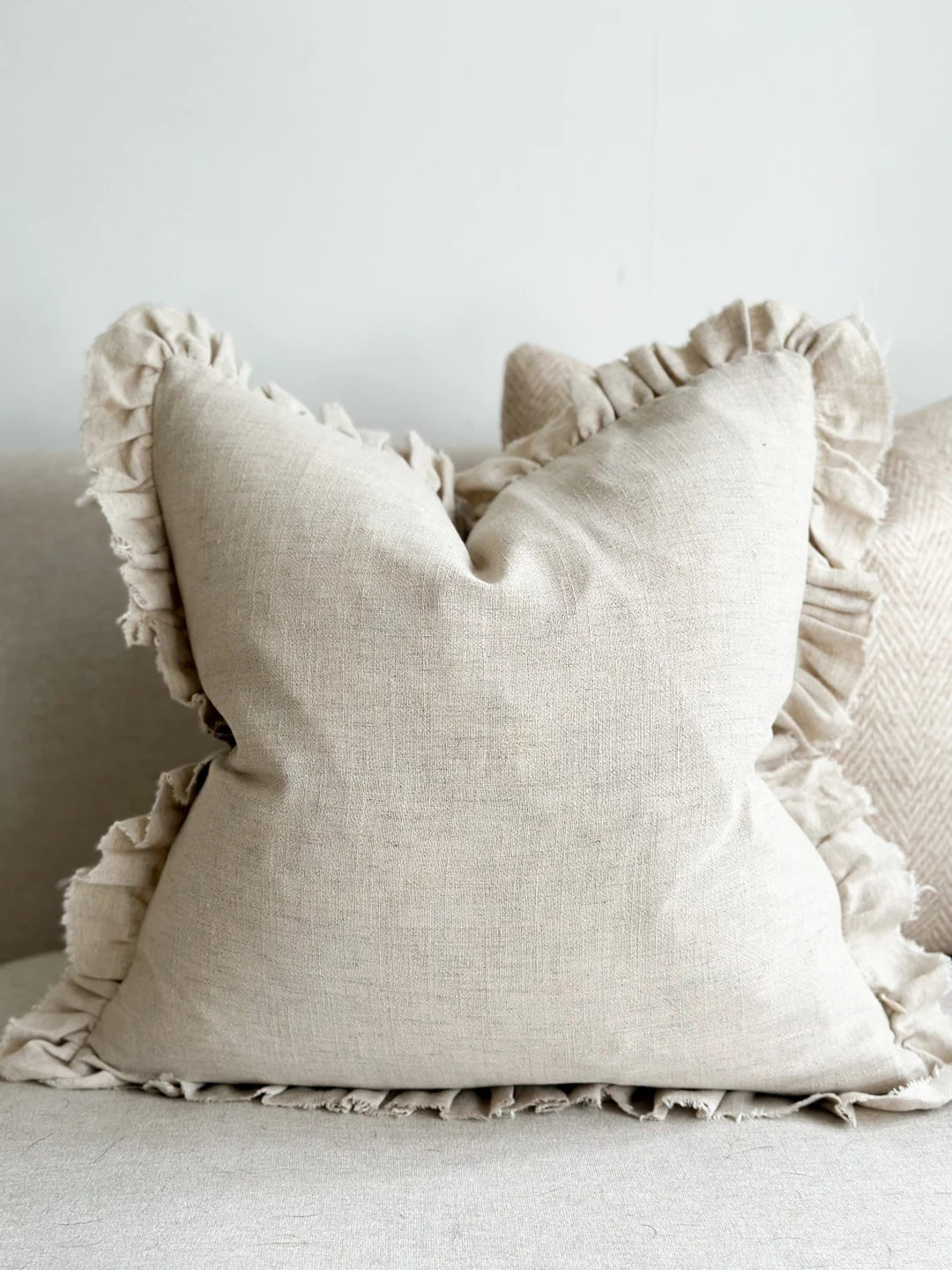 GRACE Sand Ruffle Linen Cushion With Duck Feather Pad 2 Sizes - Etsy UK | Etsy (UK)