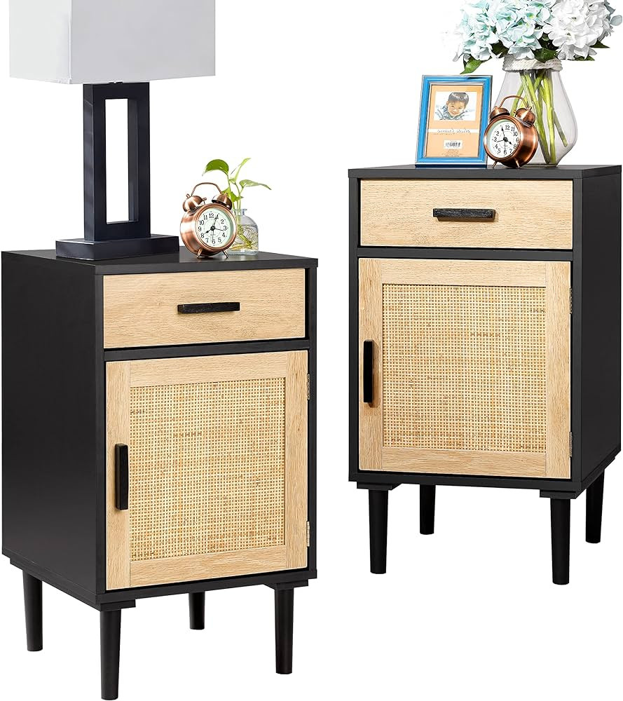 Finnhomy Tall Nightstands Set of 2, Night Stand, Bedside Table Set of 2 with Drawer and Shelf, Ha... | Amazon (US)