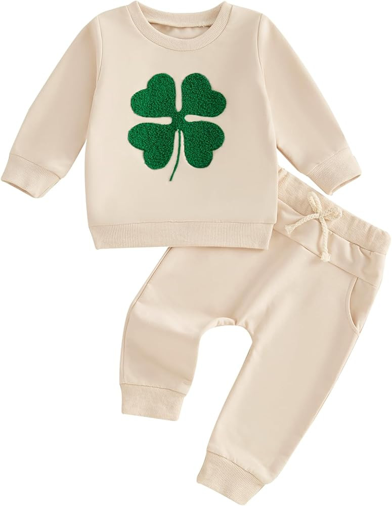 Toddler Baby Boy St. Patrick's Day Outfit Four Leaf Clover Embroidery Sweatshirt Elastic Waist Pa... | Amazon (US)