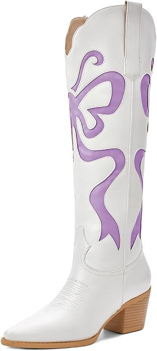 Cowgirl Boots - Womens Cowboy Boots with Colorful Bows Embroidered Western White Knee-High Boots ... | Amazon (US)