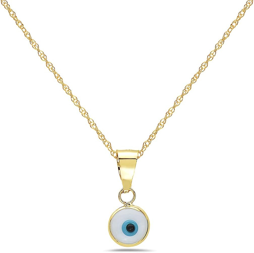 PORI JEWELERS 14K Solid Gold Evil Eye Pendant Necklace - With 0.75mm 14K Chain - 16" | Amazon (US)