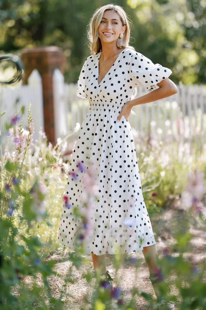 Dotted Delight White & Black Polka Dot Midi Dress | Red Dress