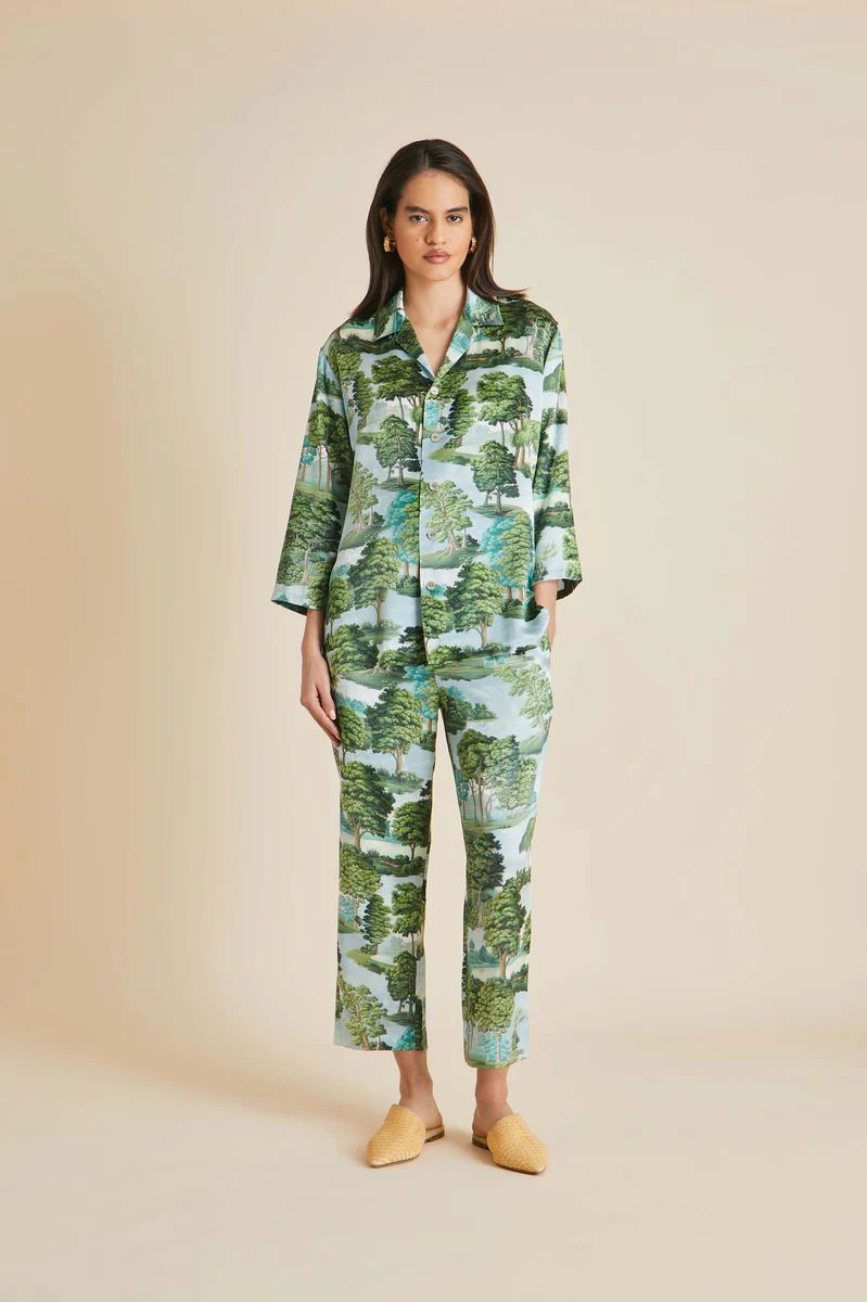 Casablanca Hyde Park Green Pajamas in Silk Satin | Olivia von Halle Ltd