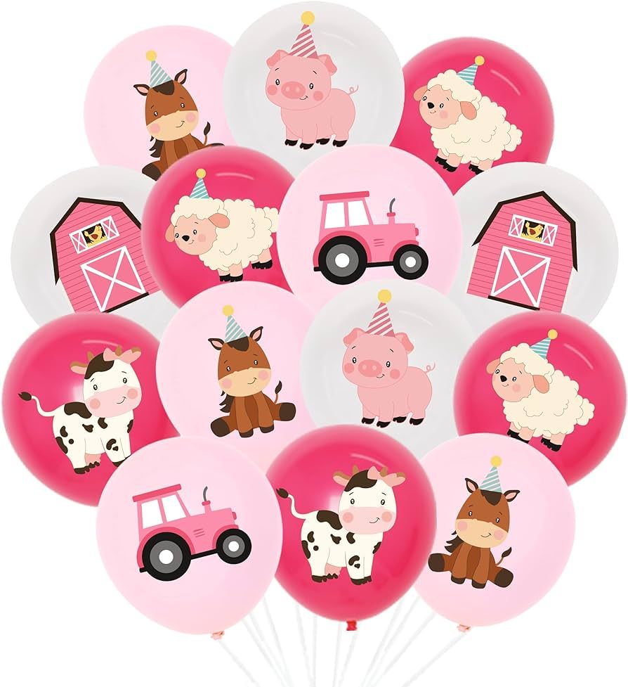 36pcs Pink Farm Animal Balloons Girls, 12 Inch Cow Sheep House Pig Car Donkey Latex Balloons Farm... | Amazon (US)